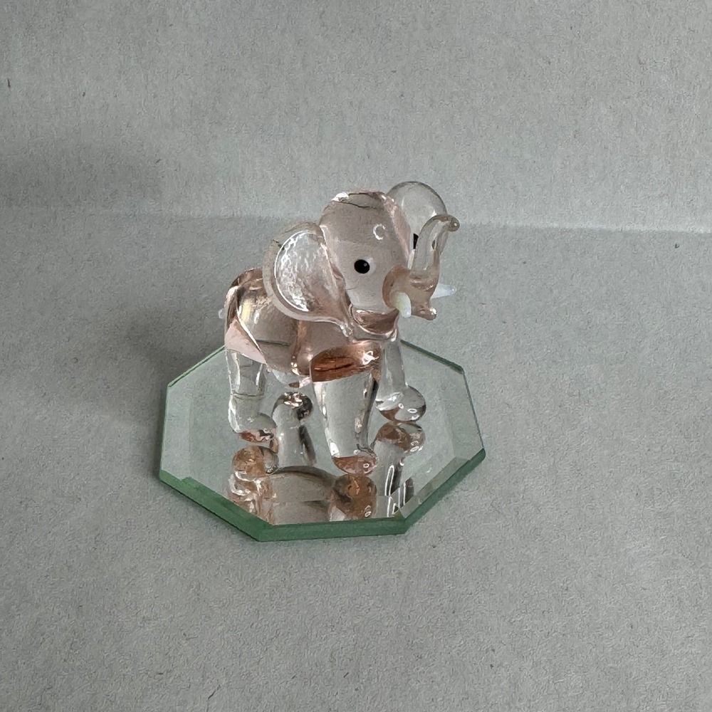 Vintage Miniature Pink Blown Glass Elephant Figurine w/ Octagon Mirror Base